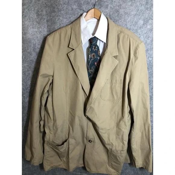 LL Bean Blazer Mens 52 Tall Khaki Cotton Sport Coat Elbow Patches Patch Pockets